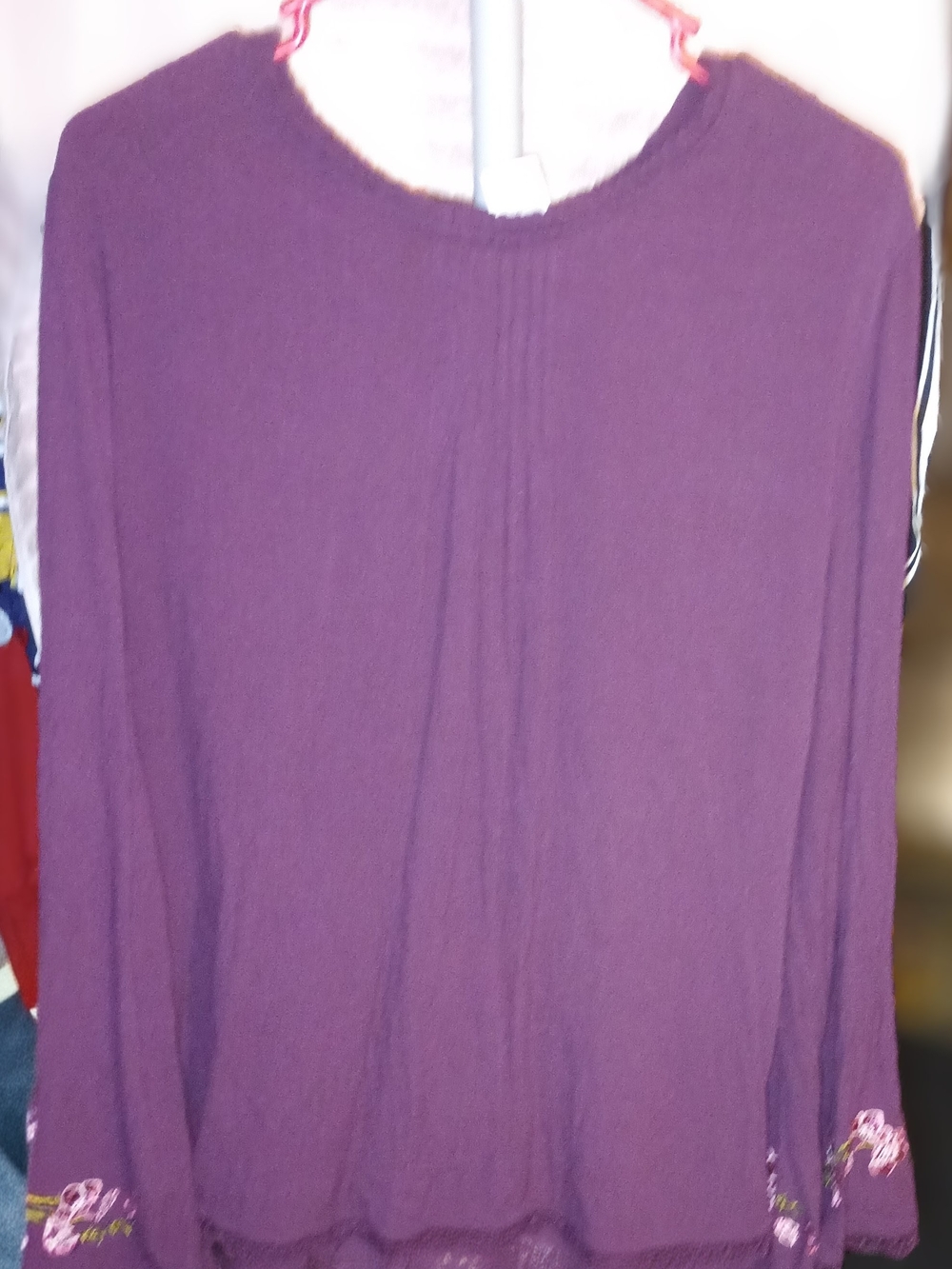 Time and Tru Plum Long-Sleeve Embroidered Hem Blouse